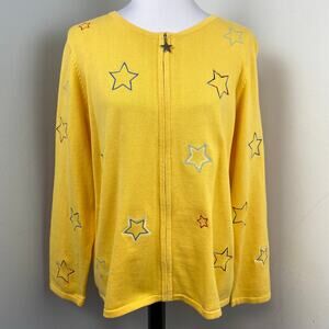Christopher & Banks Yellow Embroidered Star Zip Up Cardigan XL Cotton